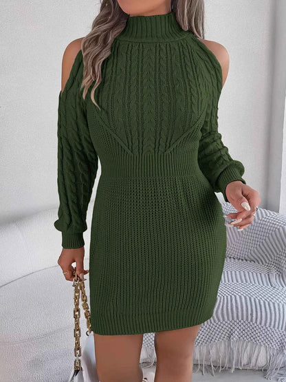Cold Shoulder Cable Knit Turtleneck Sweater Dress