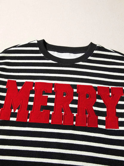 Stripe Contrast MERRY Letter Christmas Print Drop Shoulder Sweatshirt
