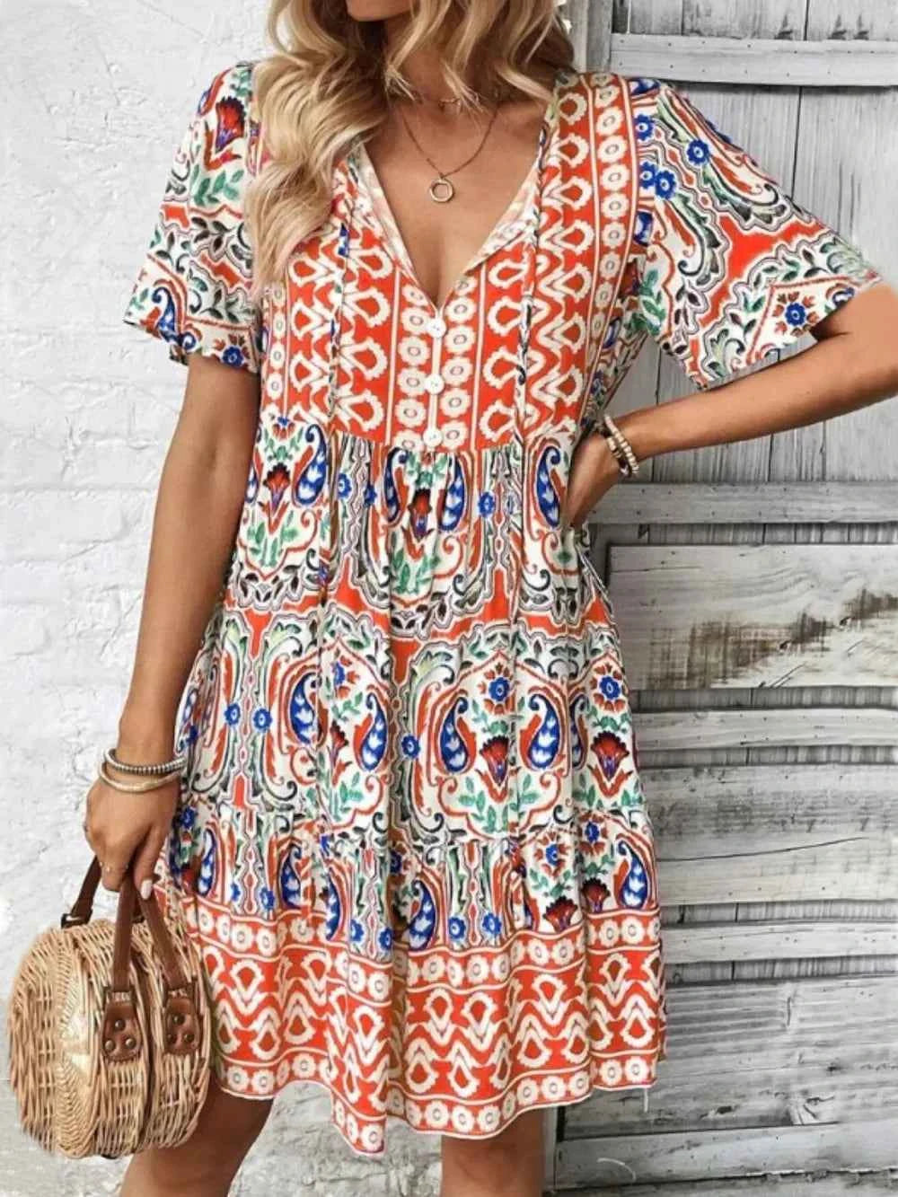 Printed Tie Neck Short Sleeve Dress