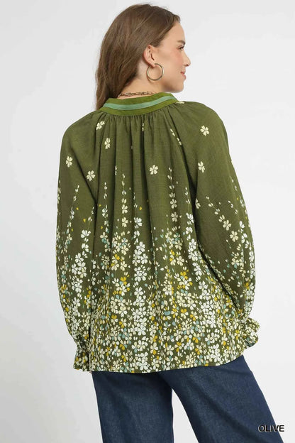 Umgee Floral Vine Print Blouse with Balloon Sleeves