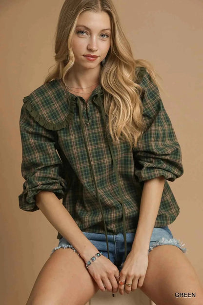 Umgee Full Size Plaid Ruffle Collar Blouse Plus Size