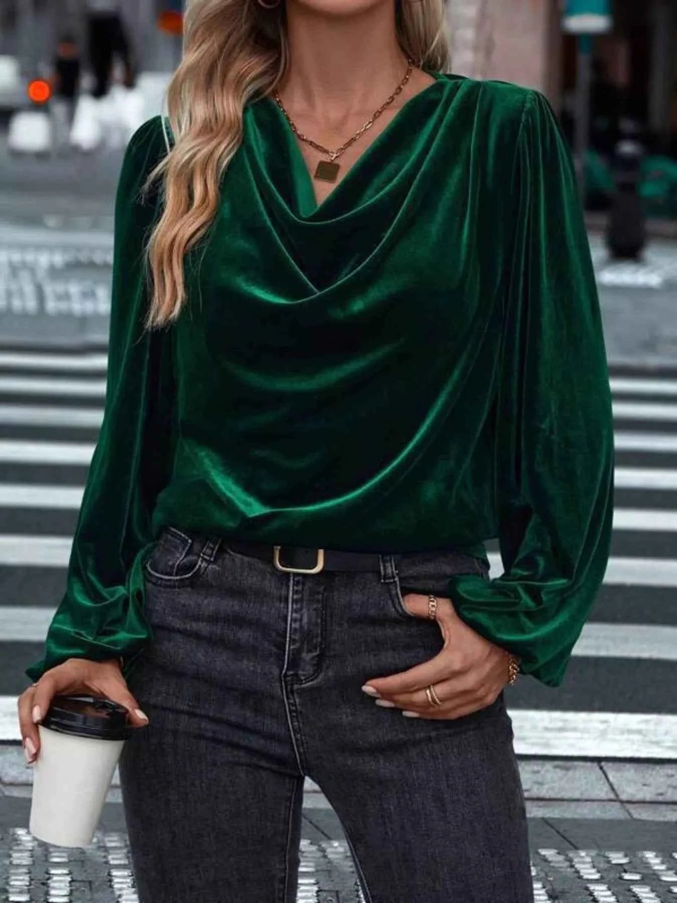 Velvet Cowl Neck Long Sleeve Blouse