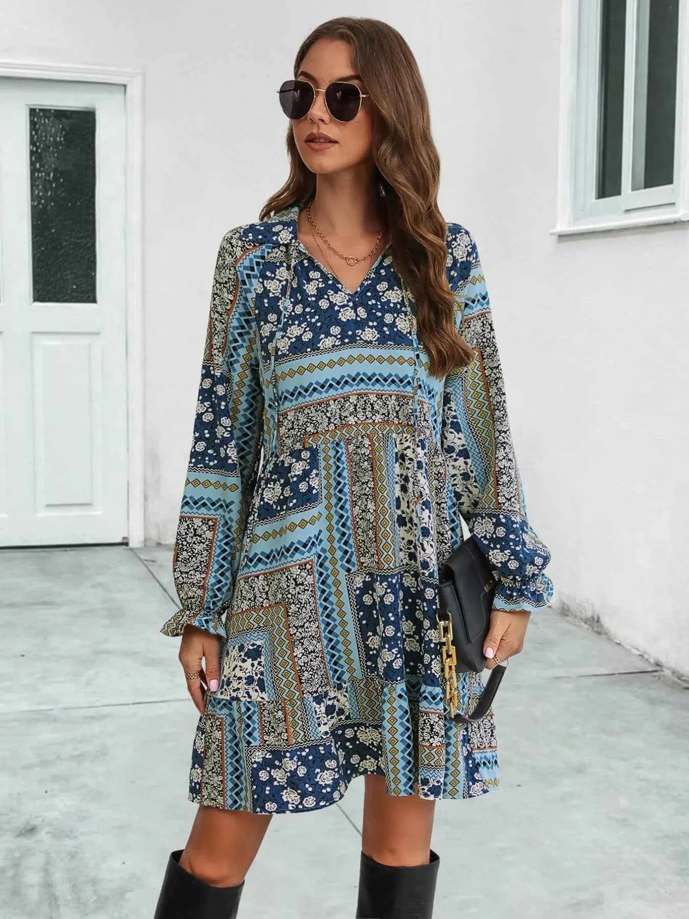 Boho Floral Print Long Sleeve Mini Dress