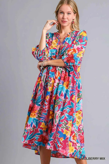 Umgee Full Size Floral Print Tie Neck Midi Dress with Pockets Plus Size