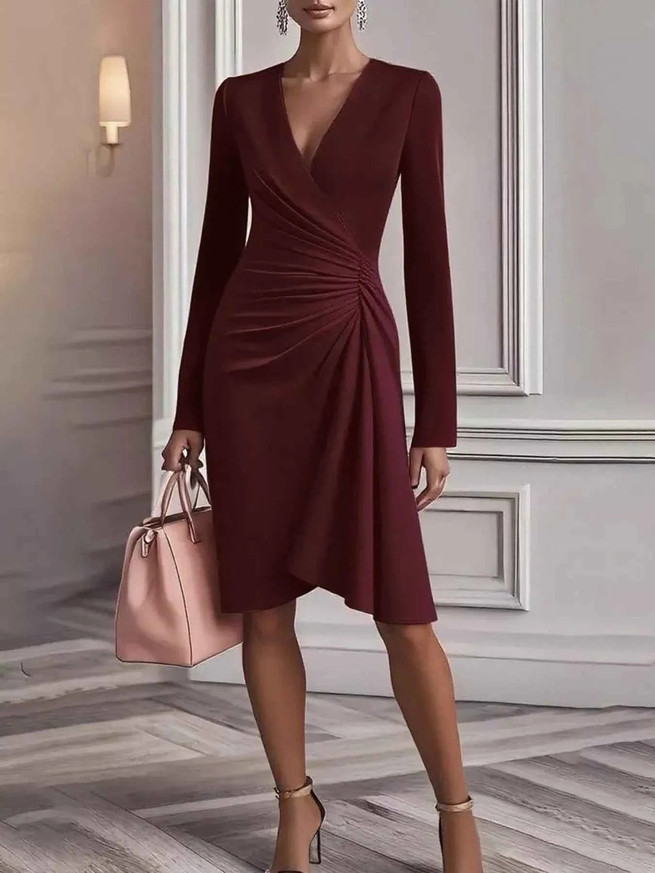 Front Ruched V-Neck Long Sleeve Dress