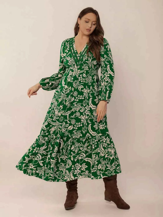 Plus Size Botanical Print Long Sleeve Midi Dress