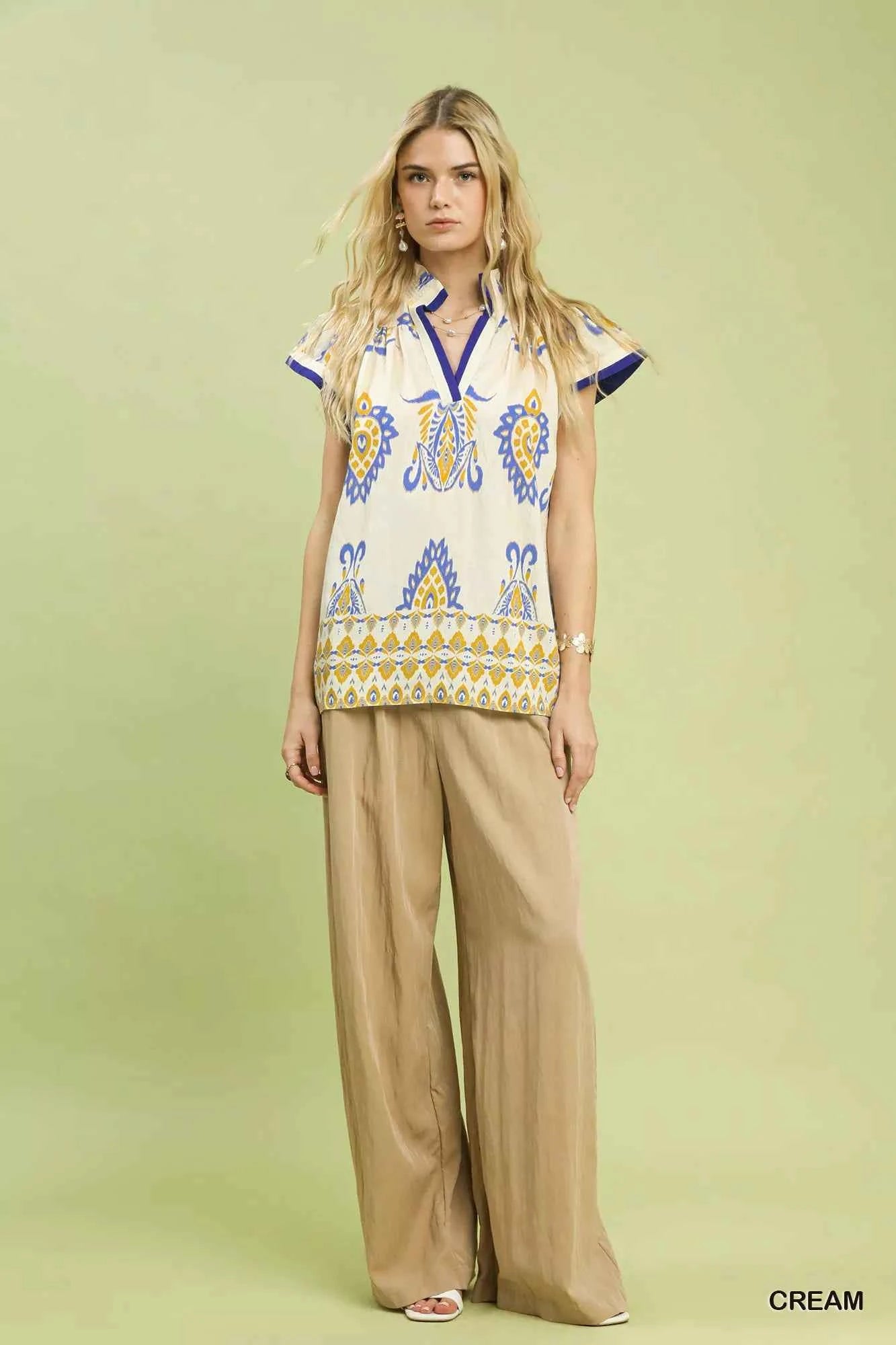 Umgee Border Print Split-Neck Boho Top