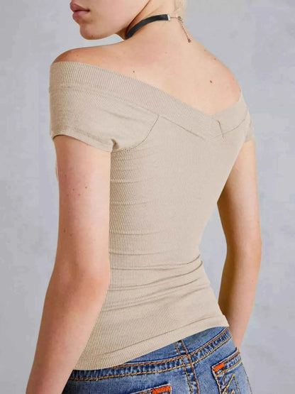 Ribbed V-Neck Cap Sleeve Fitted T-Shirt