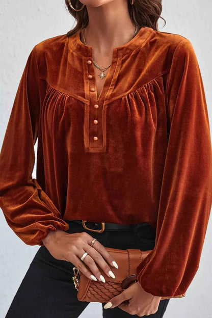 Velvet Button-Front Long Sleeve Blouse