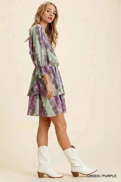 Umgee Tie Dye Ruffled Layered Dress with Elastic Waistband