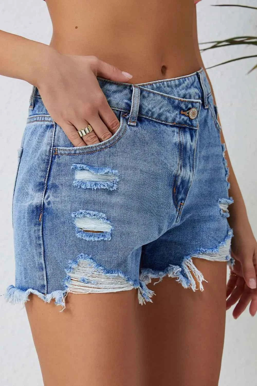 High Rise Crossover Waist Denim Shorts