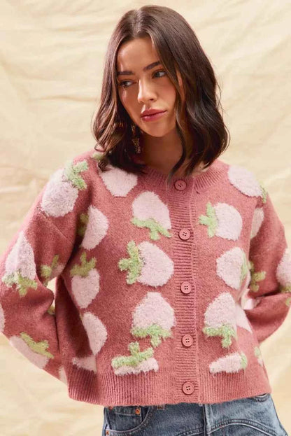 SO ME Strawberry Fruit All Over Button Sweater Cardigan