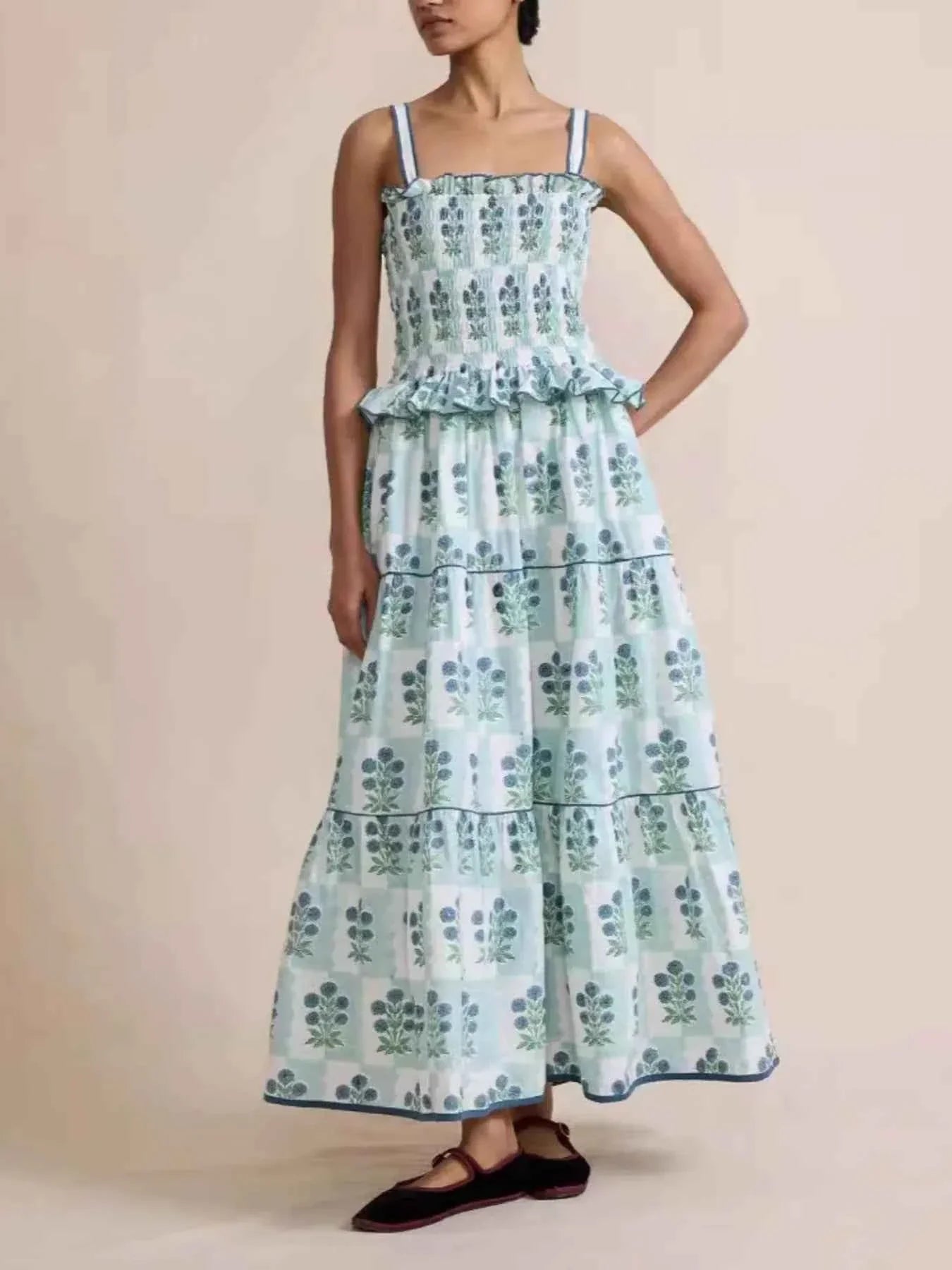 Bohemian Floral Print Smocked Tiered Maxi Dress