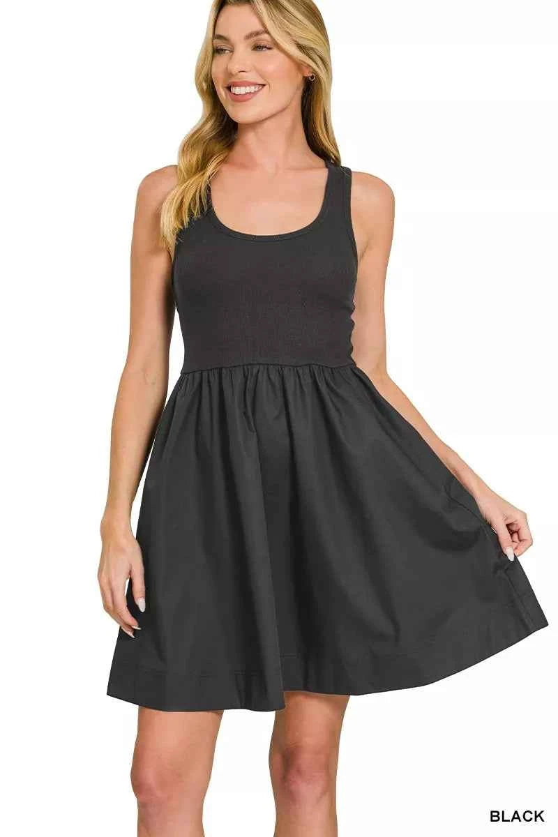 Zenana Combined Knit & Woven Midi Dress