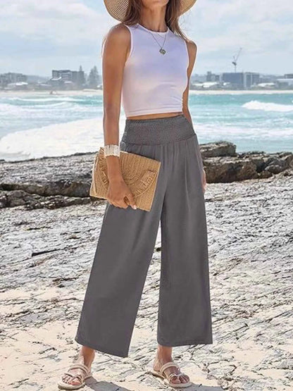 Wide Leg Smocked High Waist Pants
