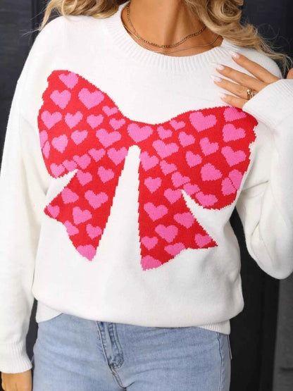 Valentine's Day Heart Bow Round Neck Sweater