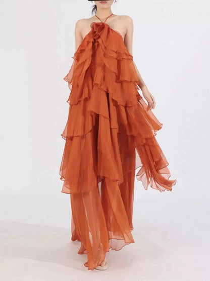 Ruffled Chiffon Halter Neck Maxi Dress