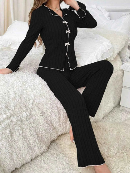 Ribbed Bow Front Top and Pants Lounge Set
