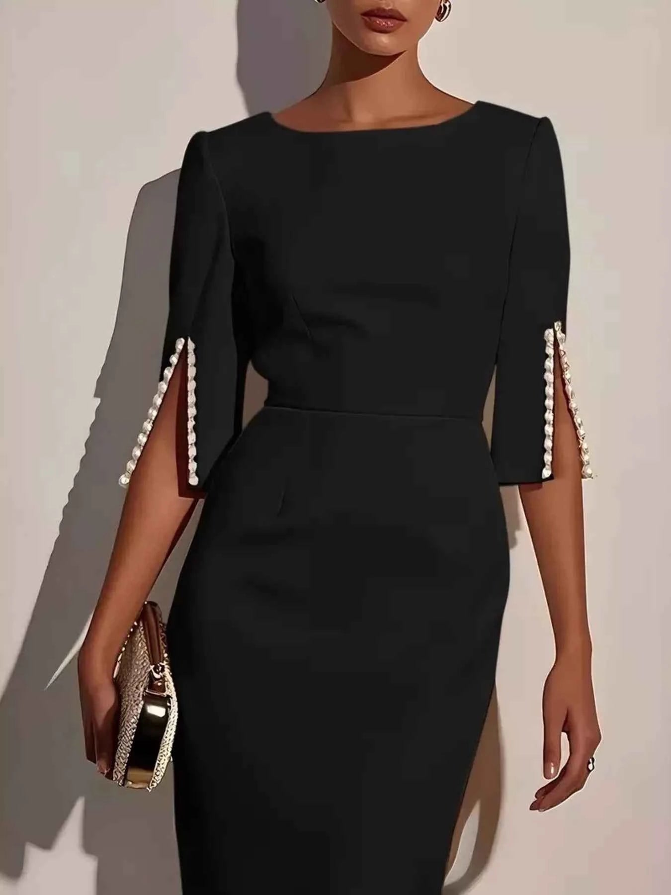 Slim-Fit Elegant Midi Dress with Beaded Slit Sleeve