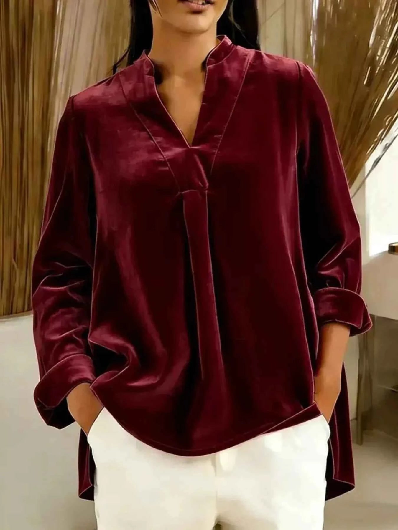 Full Size Velvet Notched Long Sleeve Blouse Plus Size