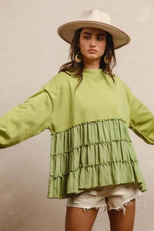 BiBi French Terry and Woven Mixed Tiered Top
