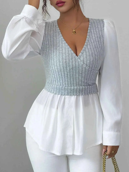 Ribbed Knit Splicing Contrast Long Sleeve Blouse