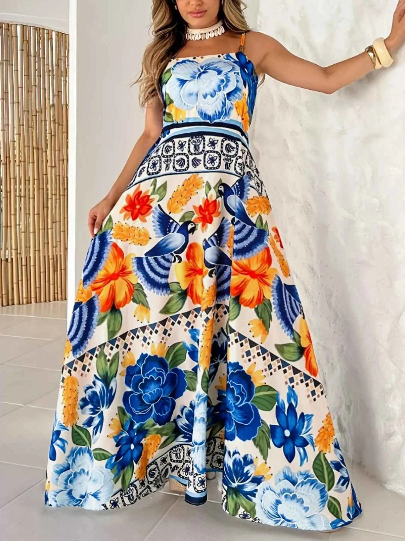 Plus Size Floral Print Spaghetti Strap Maxi Dress