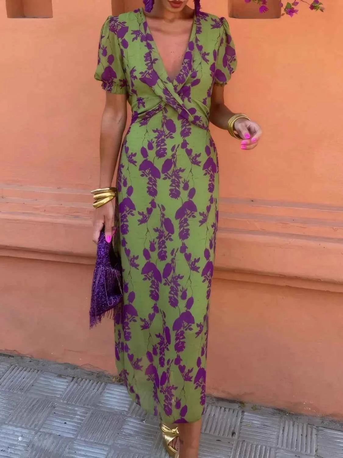 Printed Plunge Short Sleeve Midi Dress