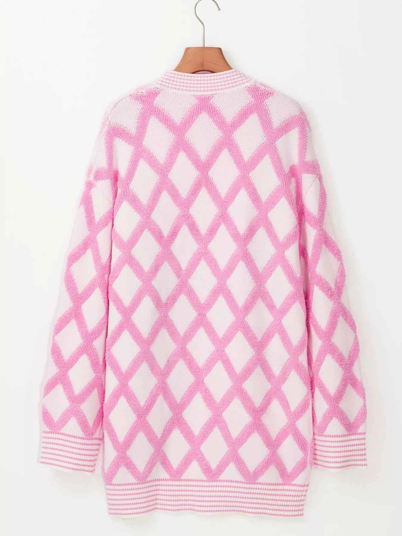Rhombus Pattern Knit Open Front Pocketed Cardigans