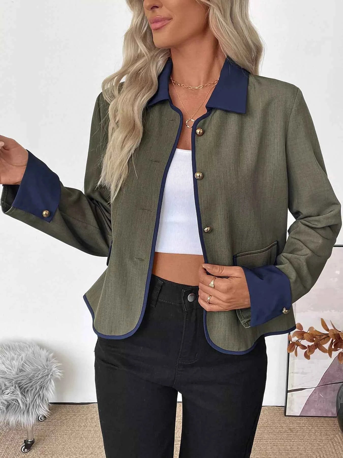 Contrast Trim Button-Up Jacket