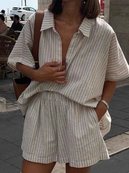 Casual Striped Short Sleeve Top and Shorts Two-Piece Set