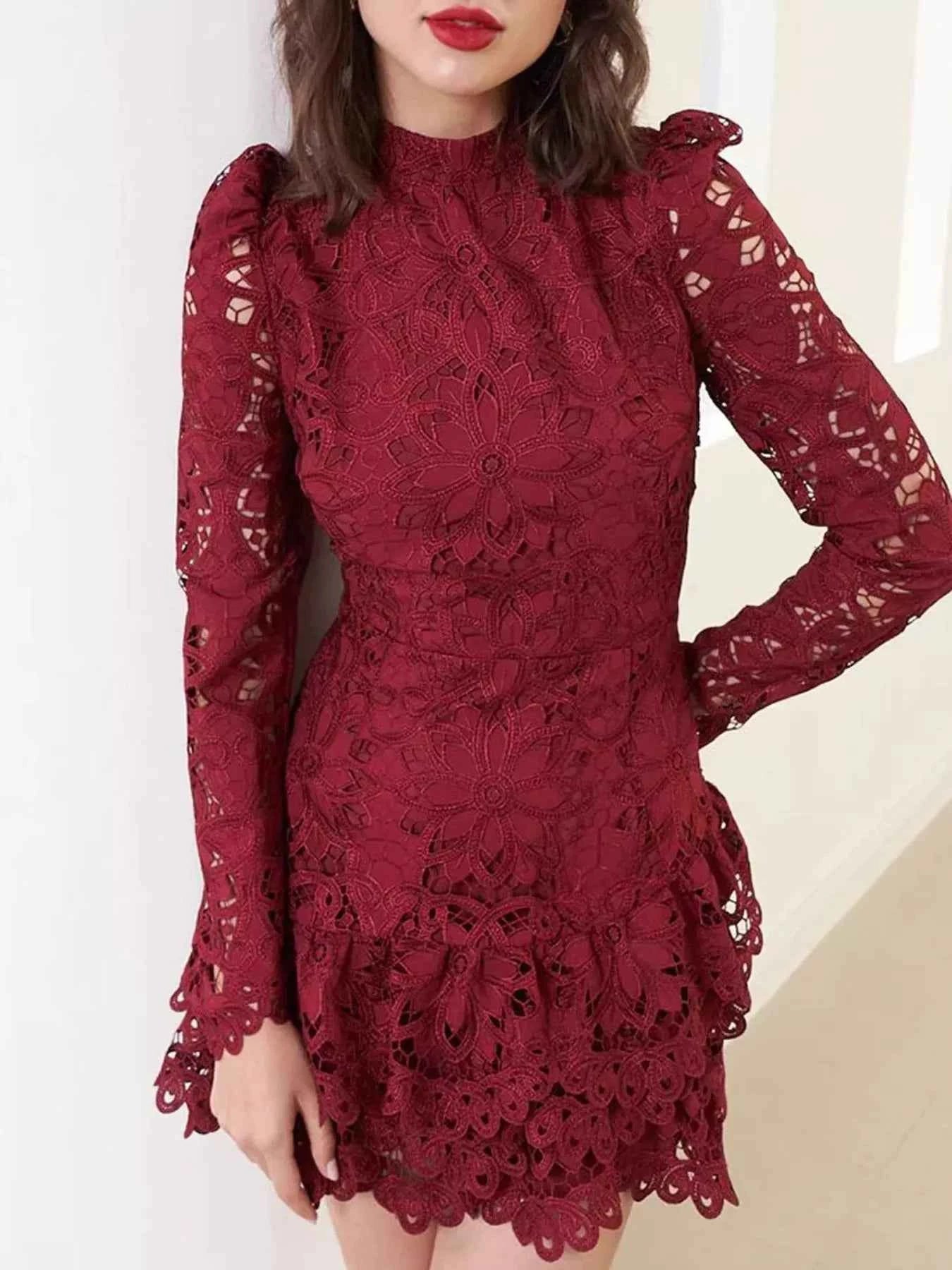 Lace Mock Neck Long Sleeve Mini Dress