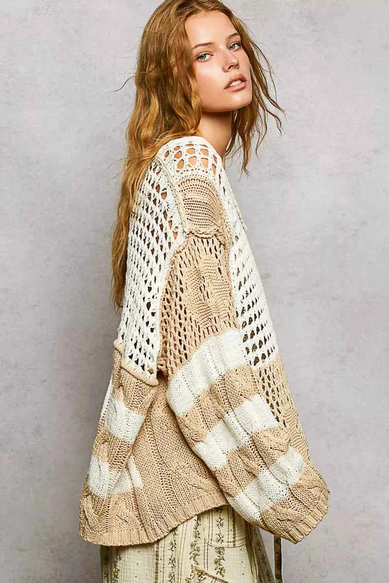 POL Color-Blocked Stripe Pattern Knit Top with Twisted Weave