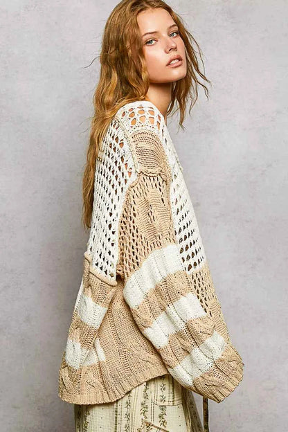 POL Color-Blocked Stripe Pattern Knit Top with Twisted Weave