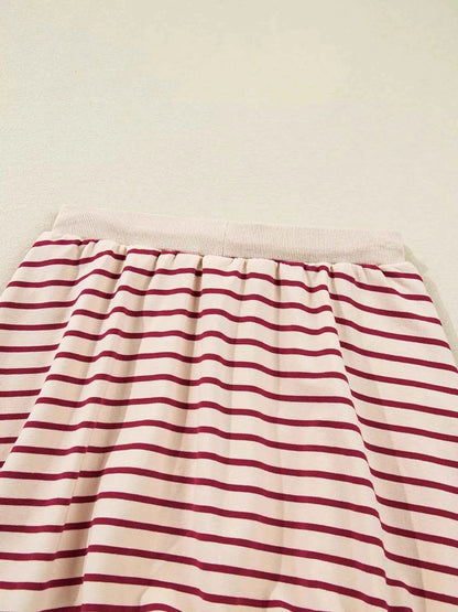 tripe Cropped Collared Drop Shoulder Pullover and Bubble Mini Skirt Set