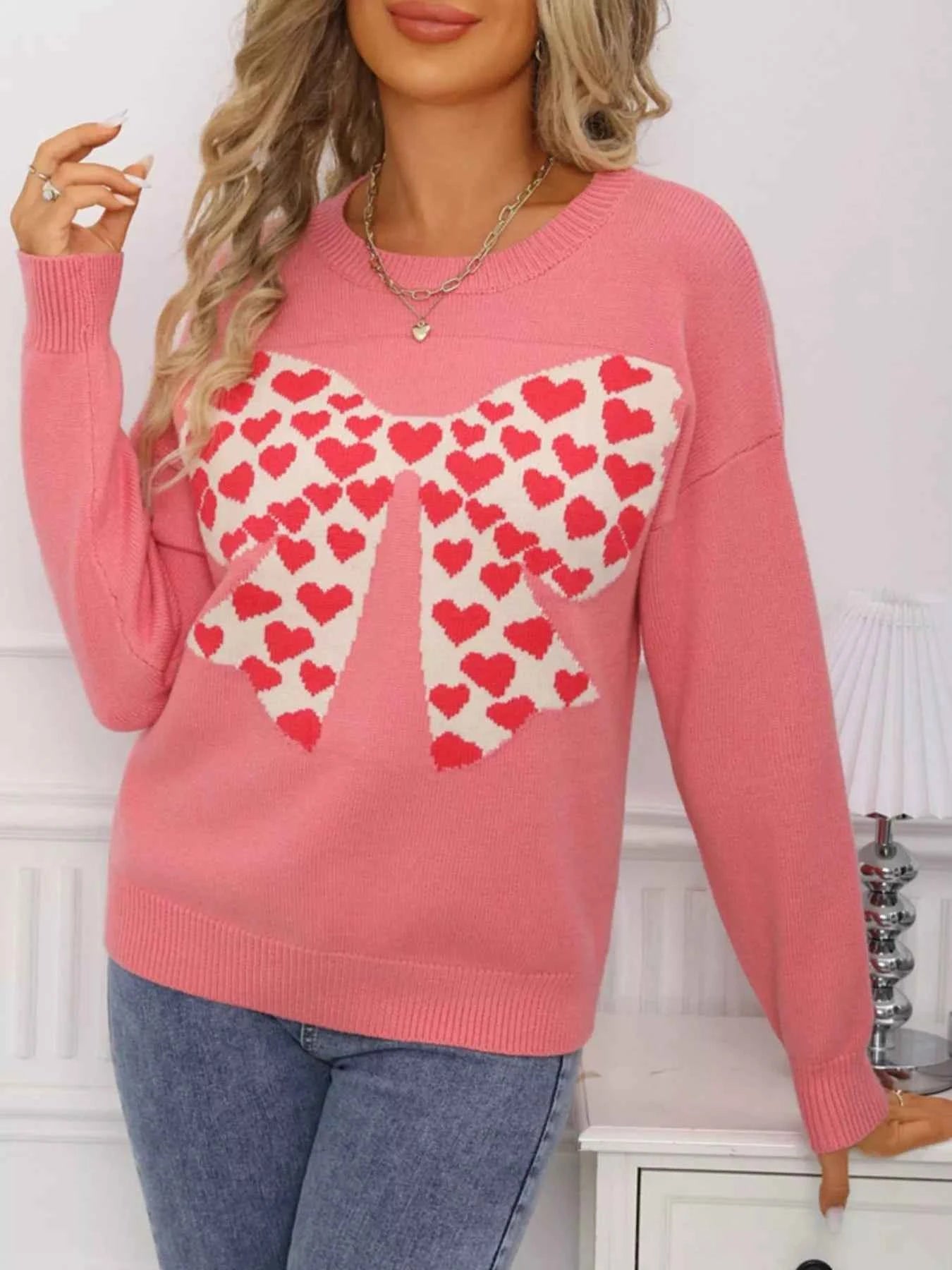 Valentine's Day Heart Bow Round Neck Sweater
