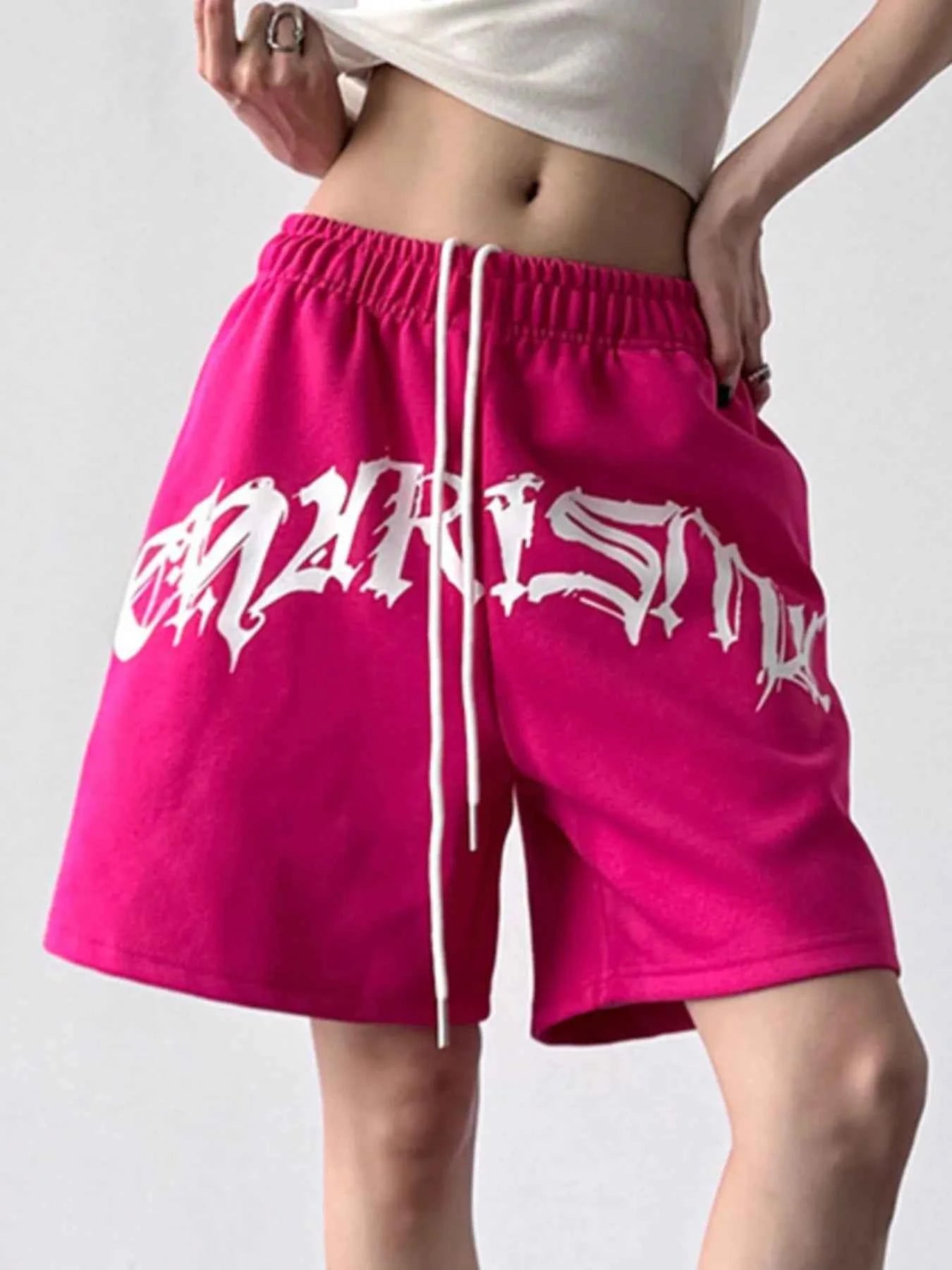 Oversized Drawstring Letter Shorts