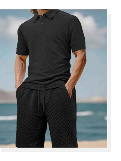 Men's Full Size Textured Polo Shirt and Shorts Set Plus Size
