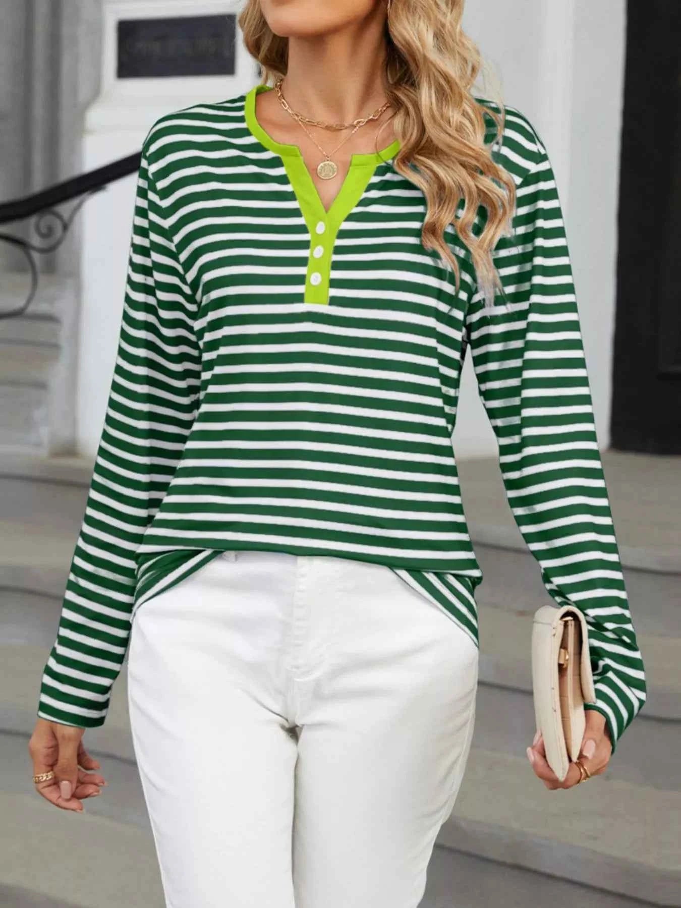 Striped Long Sleeve Henley T-Shirt