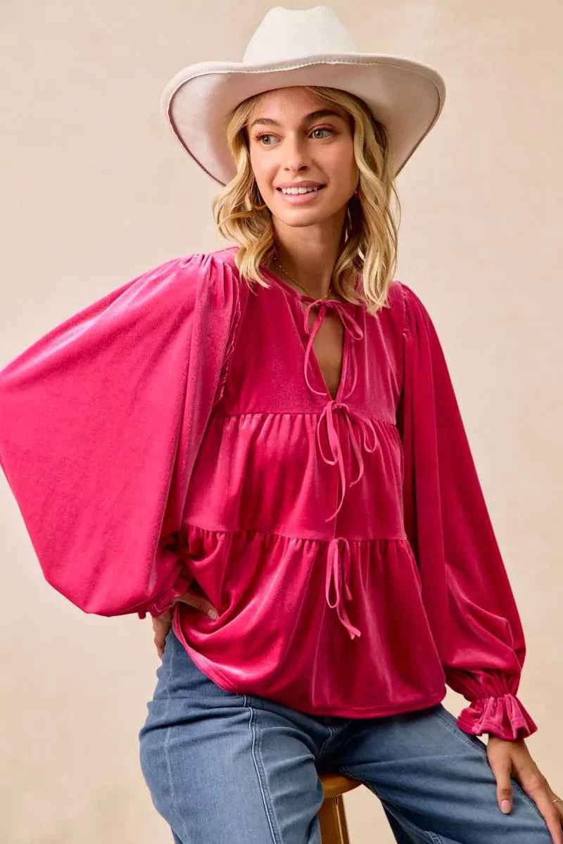 BiBi Christmas Theme Velvet Bow Tied Blouse