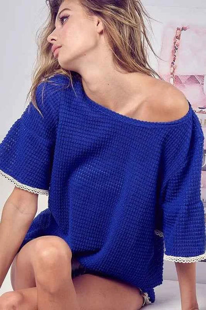 BiBi Popcorn Waffle Knit Top with Pompom Lace