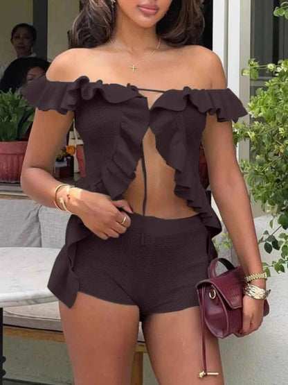 Off-Shoulder Ruffle Top and Shorts Sweater Set