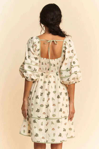 Davi & Dani Cactus Printed Poplin Contrast Piping Mini Dress