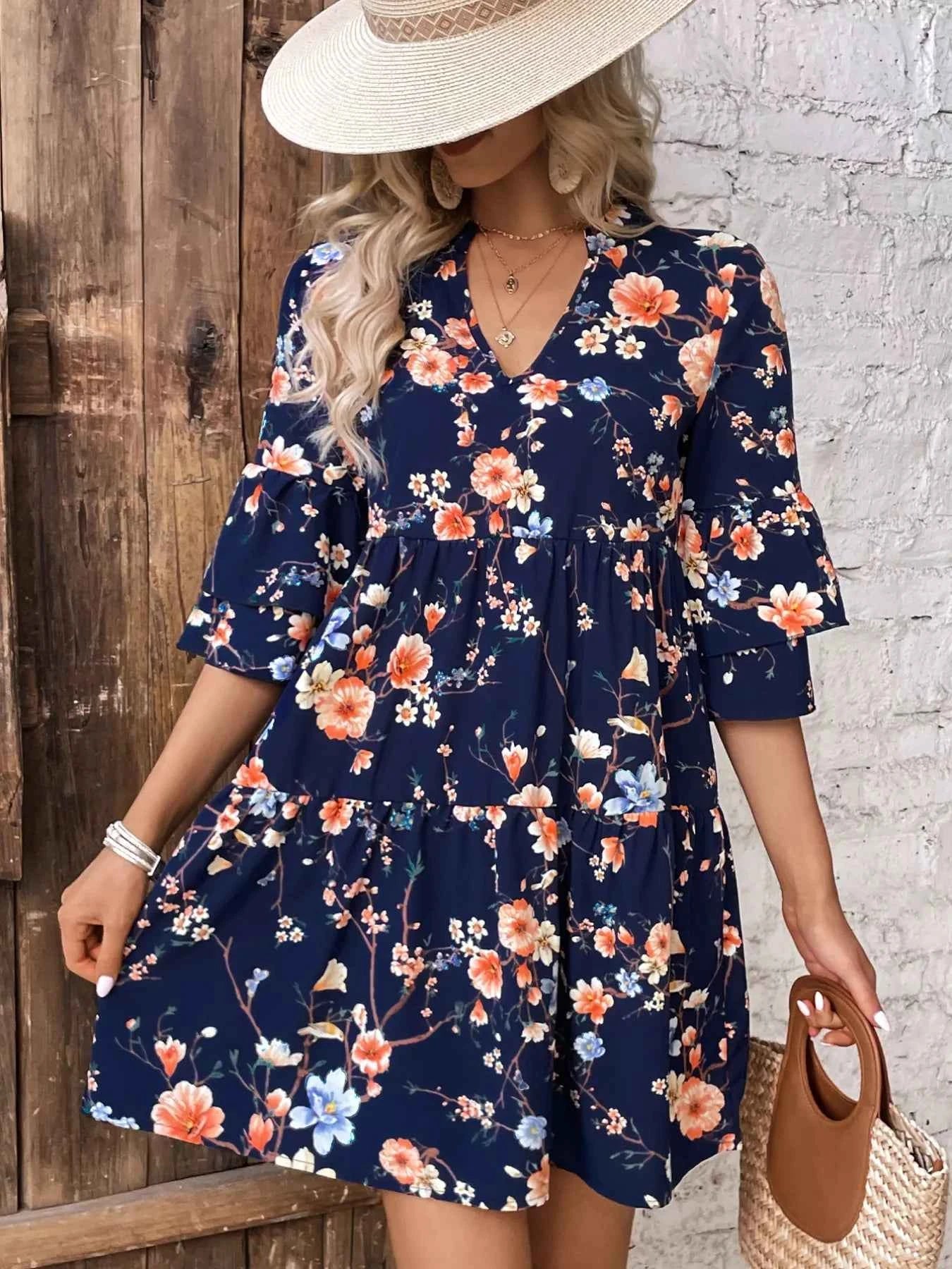 Floral Print Ruffle Sleeve Tiered Mini Dress
