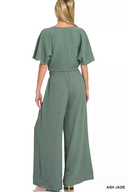 Zenana Woven Airflow Twisted Top & Wide Leg Pants Set