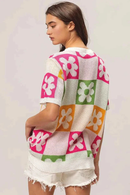 BiBi Flower Checker Pattern Lightweight Sweater Top