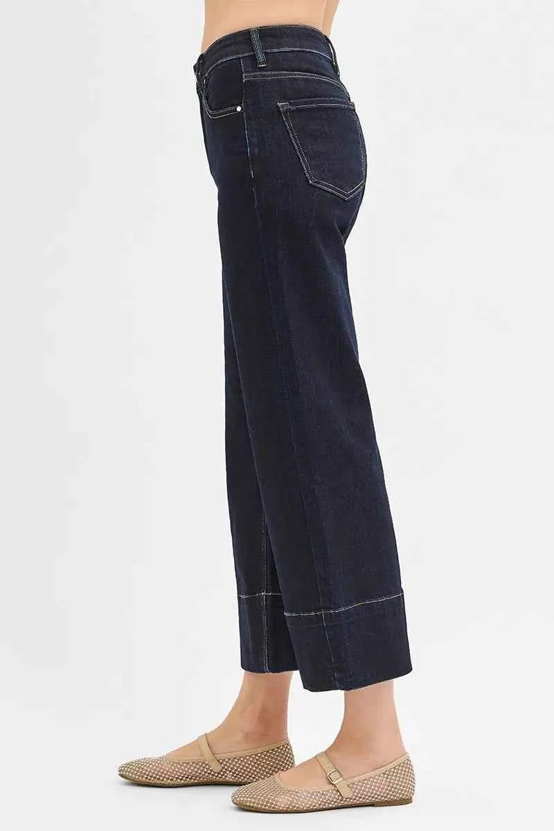RISEN Tummy Control High Rise Crop Wide Seam Detailed Jeans