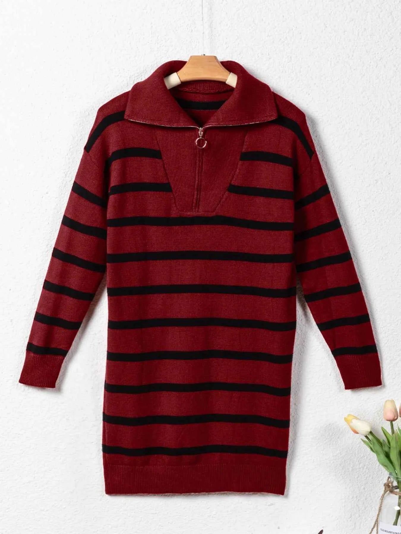 Striped O-ring Zip Collared Loose Sweater Mini Dress