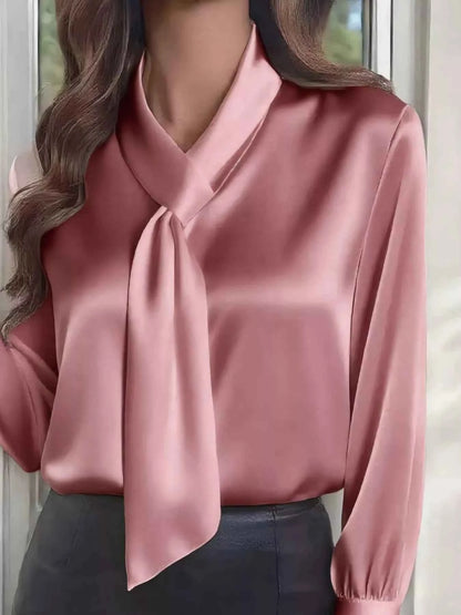 Satin Tie-Neck Long Sleeve Blouse