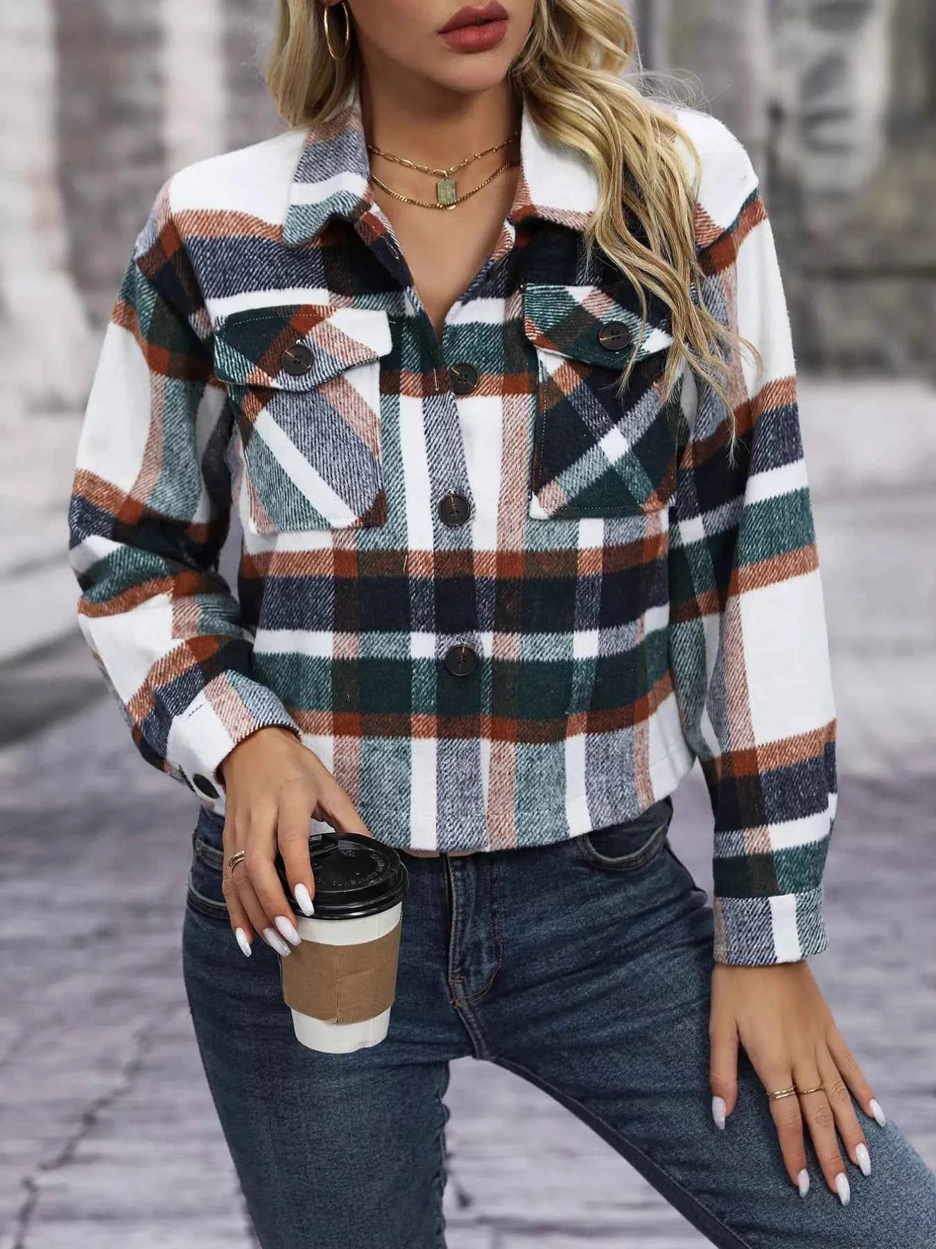 Plaid Oversized Button-Up Cropped Jacket
